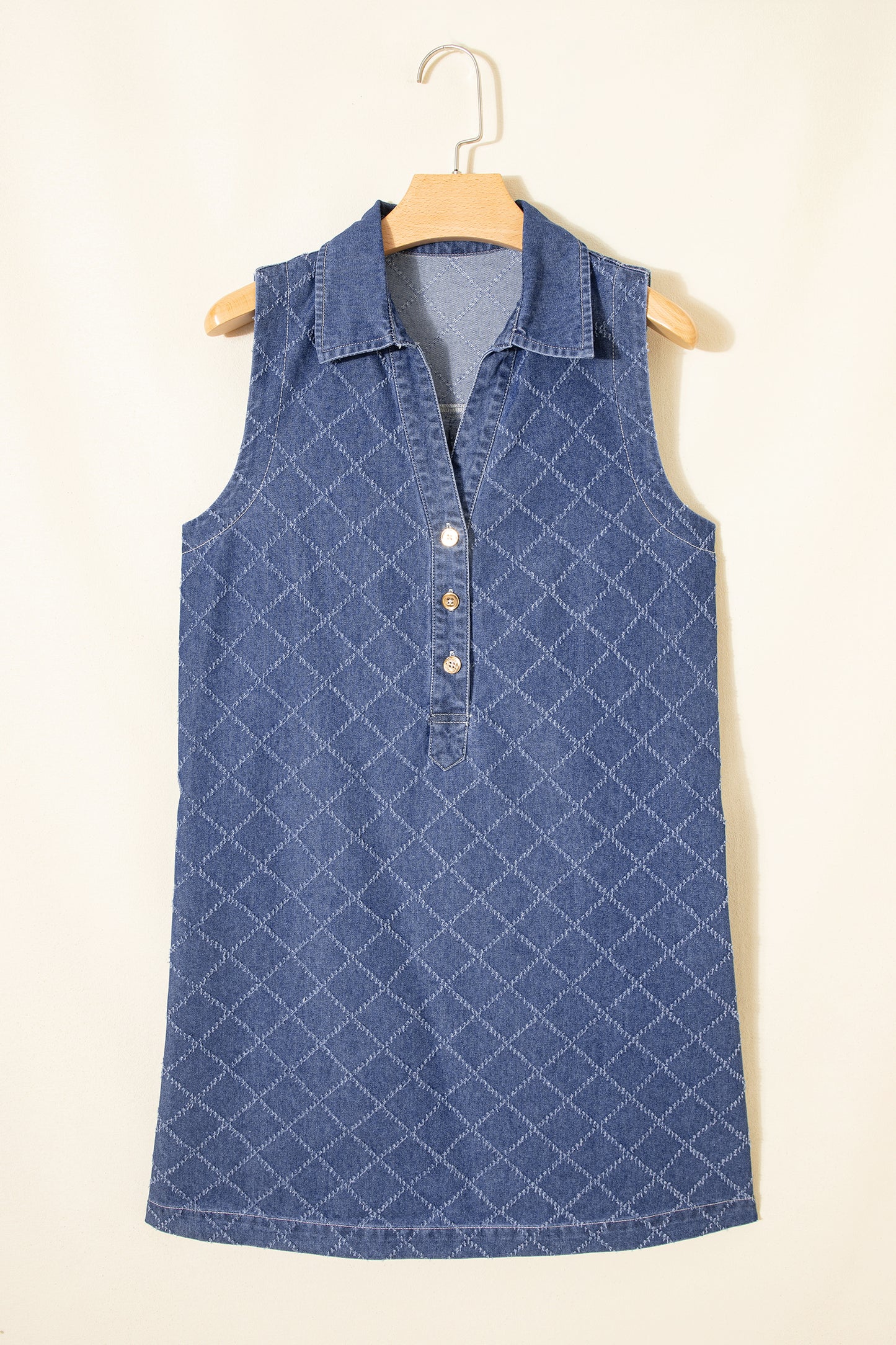 Sail Blue Rhombus Textured Collar Buttoned V Neck Denim Sleeveless Mini Dress