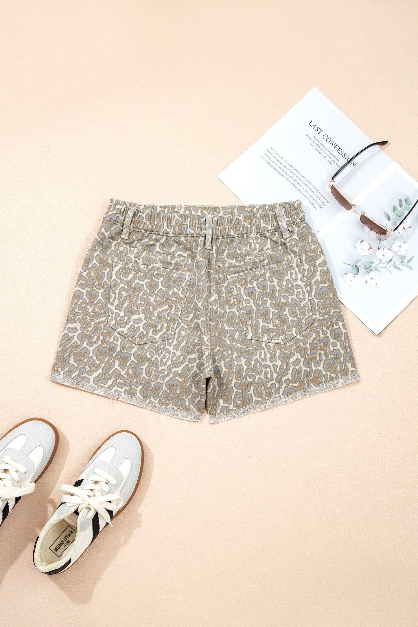 Khaki Raw Edge Leopard Print Denim Shorts