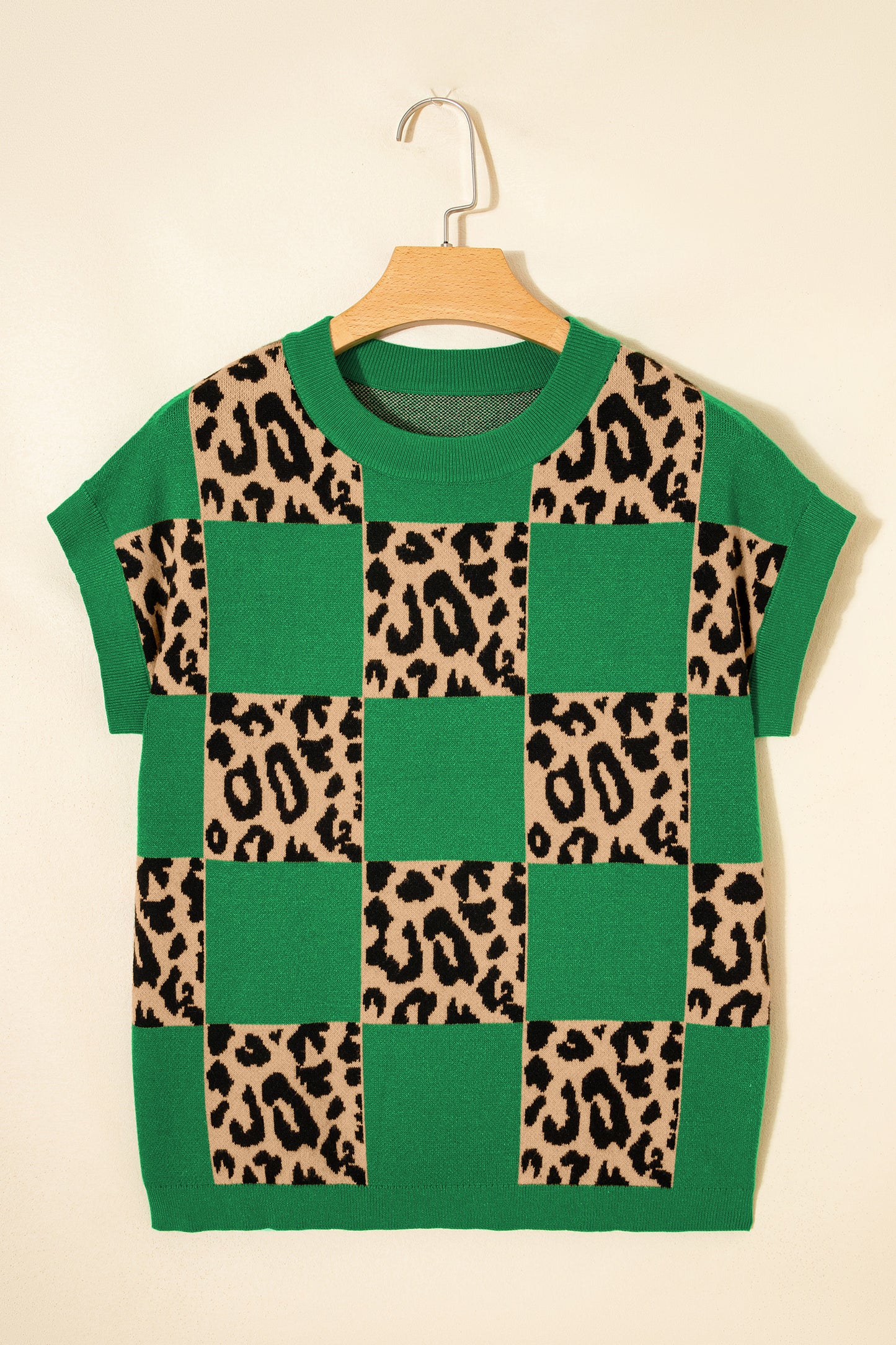 Green Leopard Checkerboard Short Sleeve Knit Sweater