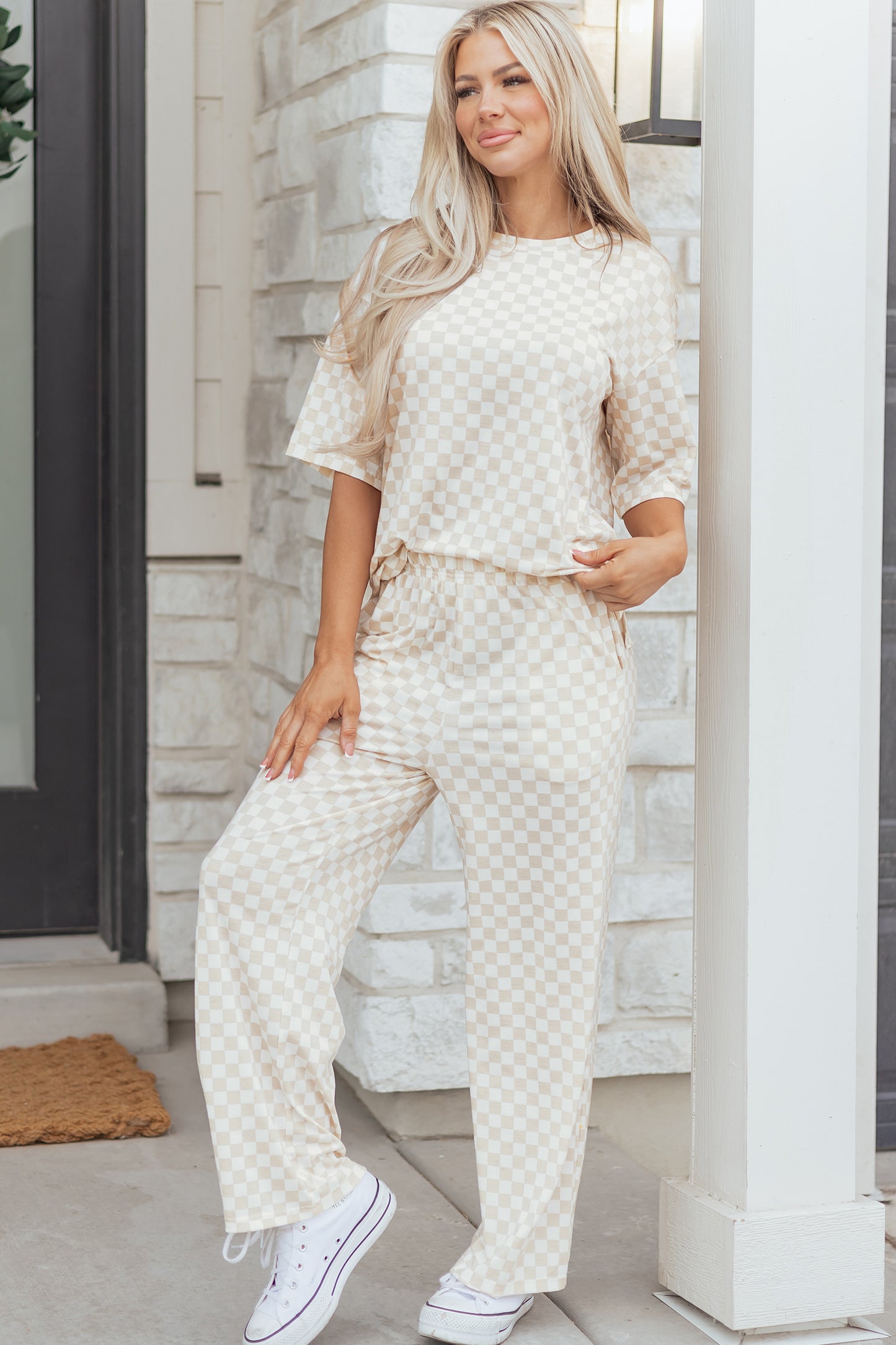 Khaki Checkered Print Half Sleeve Tee 2pcs Lounge Pant Set