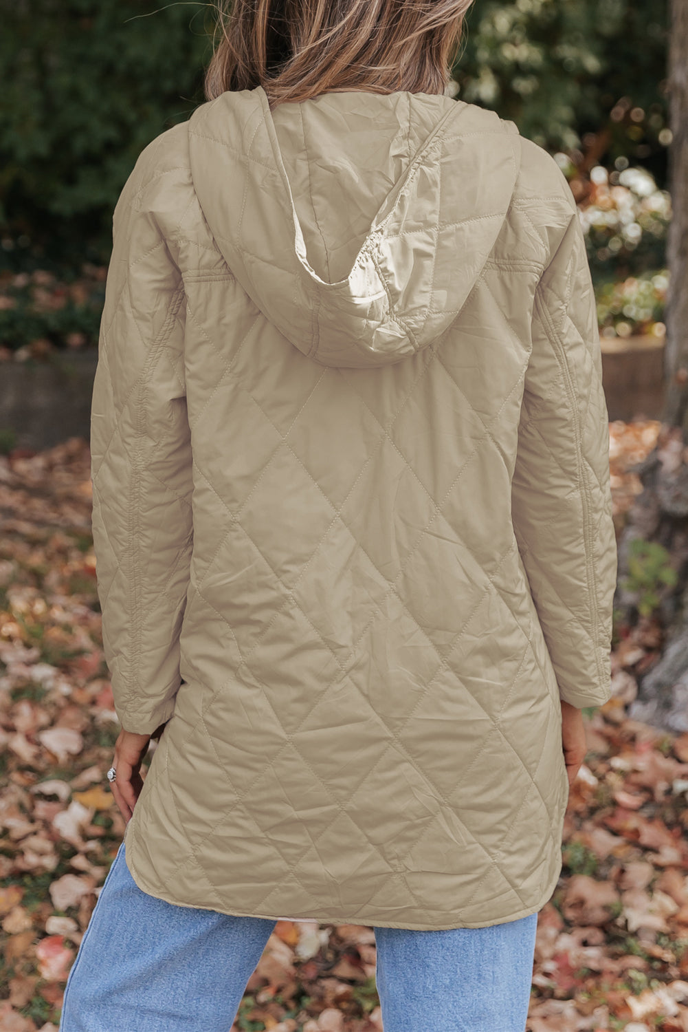 Khaki Quilted Snap Button Hooded Puffer Coat