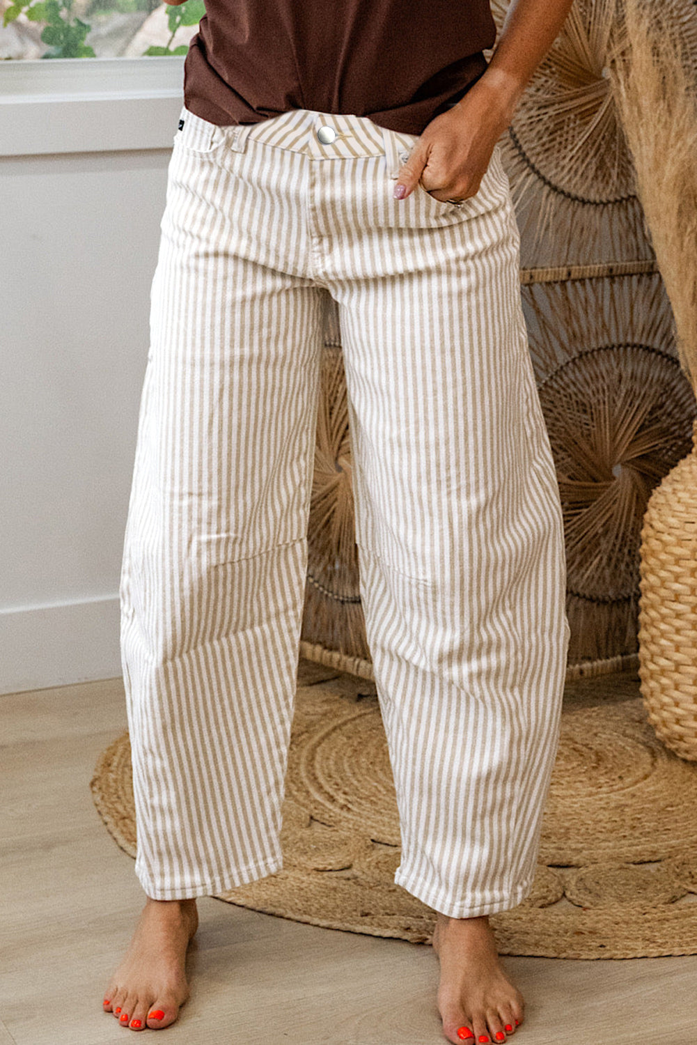 Khaki Stripe Casual Barrel Jeans