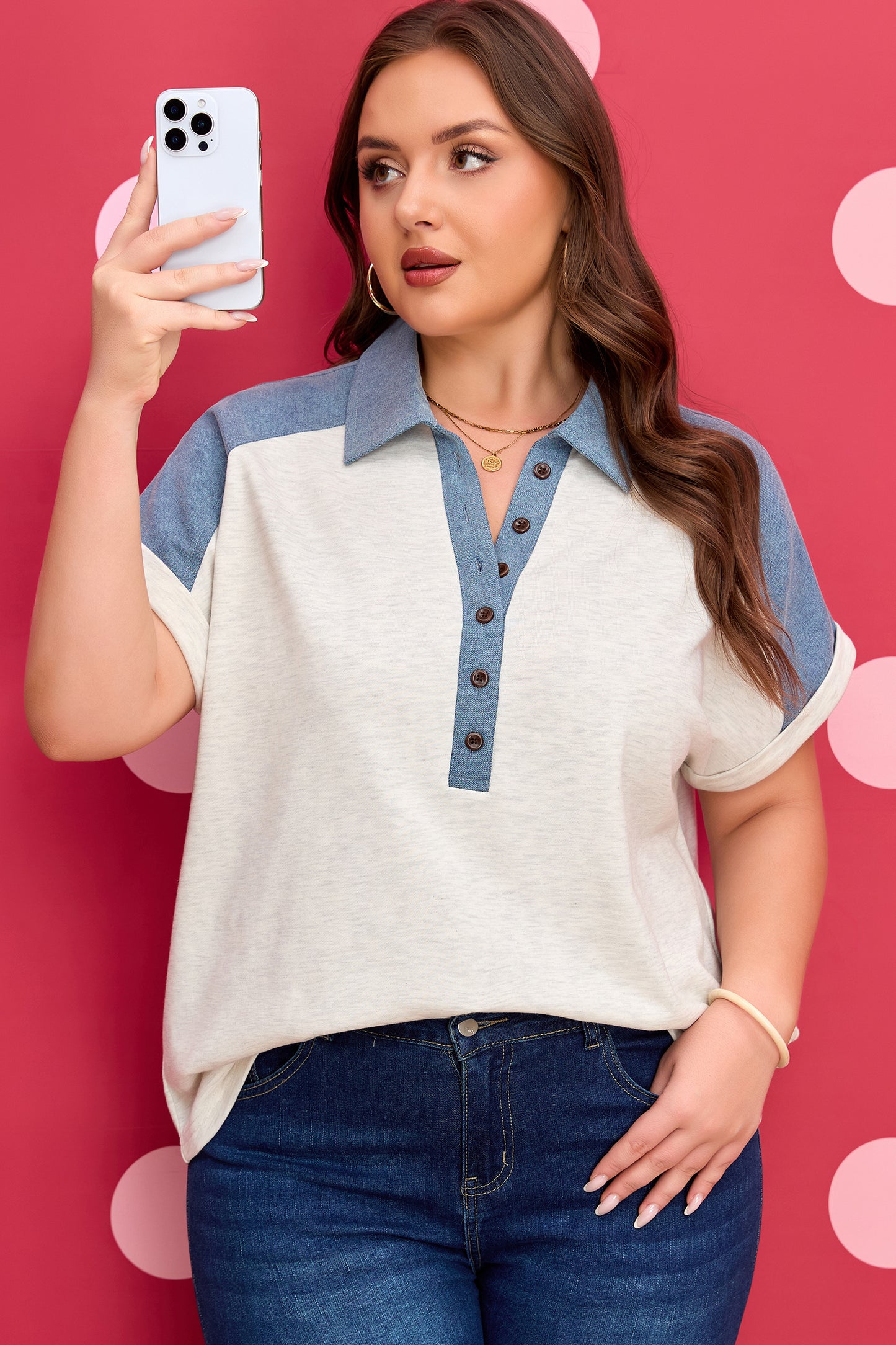 Beige Plus Size Contrast Denim Patchwork Cuffed Sleeve Polo Tee
