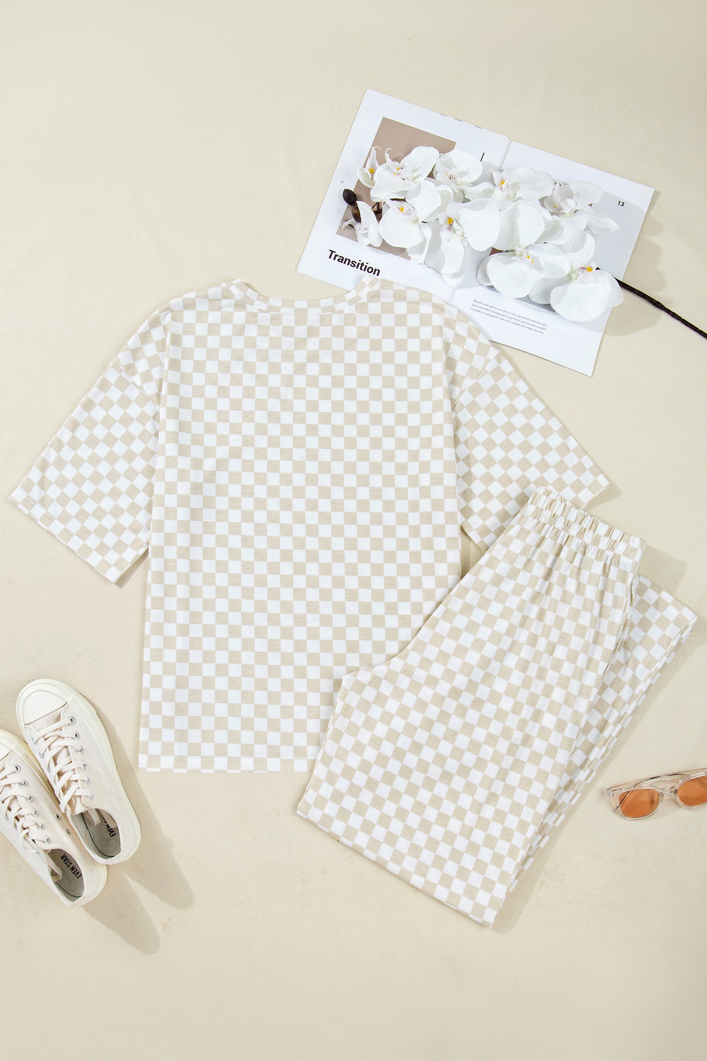 Khaki Checkered Print Half Sleeve Tee 2pcs Lounge Pant Set