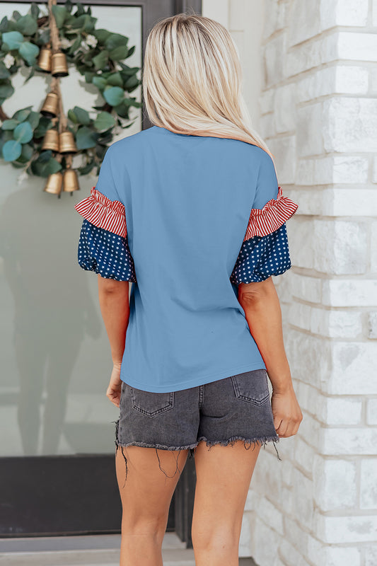 Beau Blue Stars Stripes Short Puff Sleeve Top