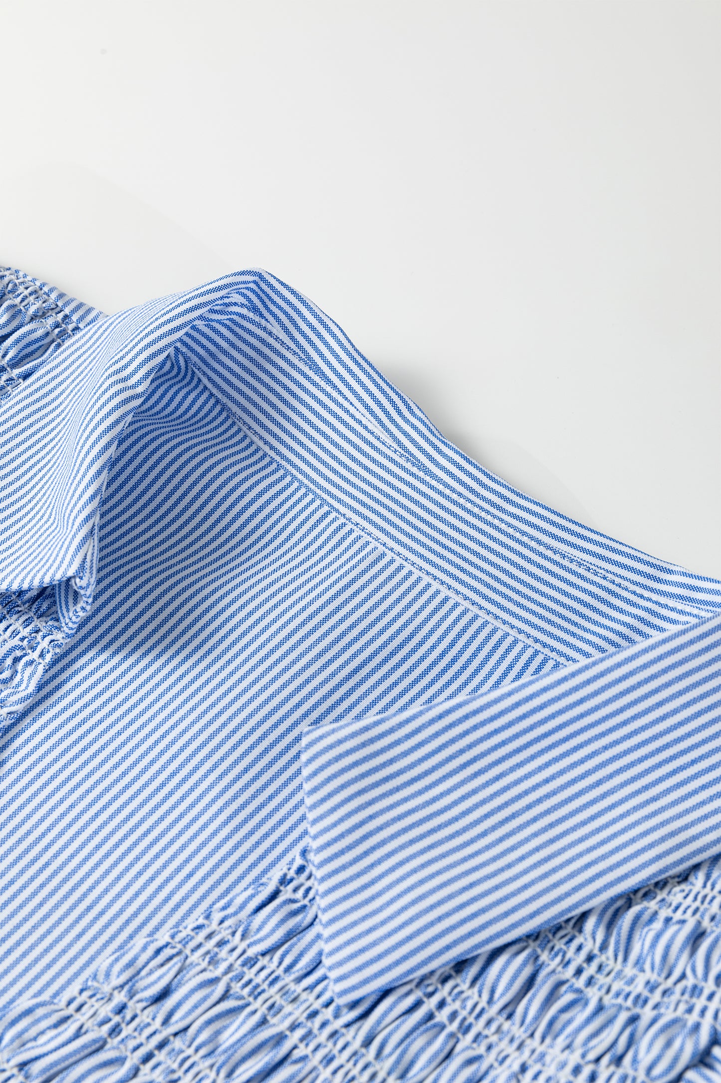 Sky Blue Stripe Shirred Detail Collar V Neck Plus Size Midi Dress