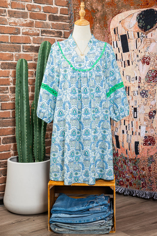 Sky Blue Boho Paisley Print Contrasted Patchwork Detail Bracelet Sleeve Loose Mini Dress