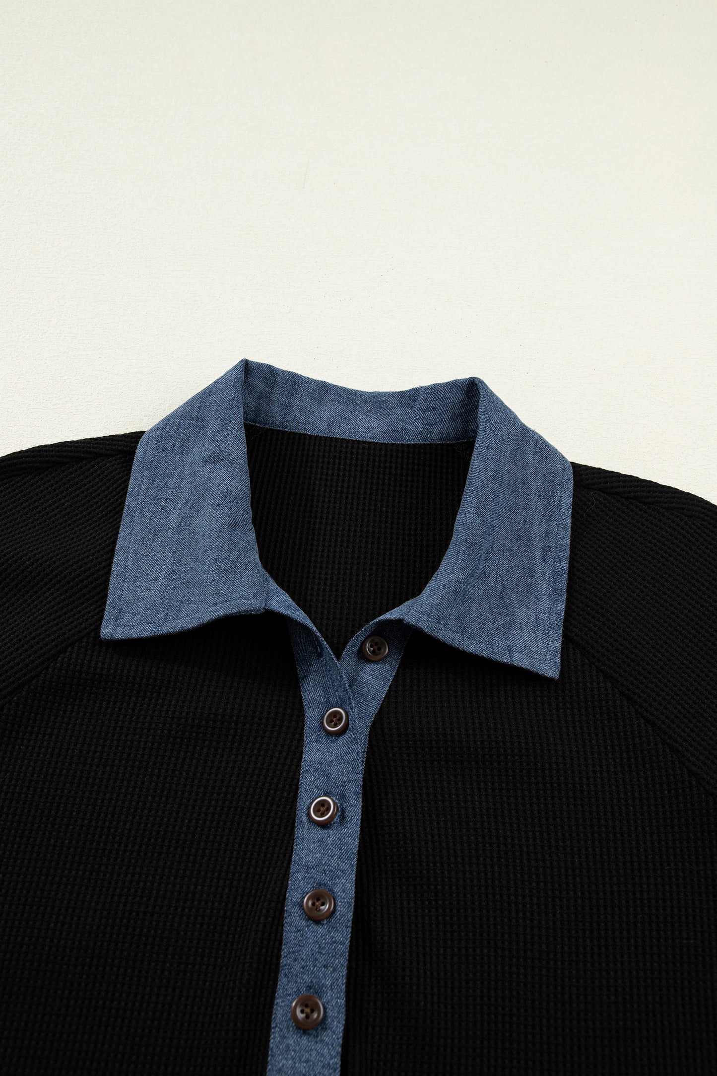 Black Textured Knit Denim Patchwork Button Polo Collar Long Sleeve Top