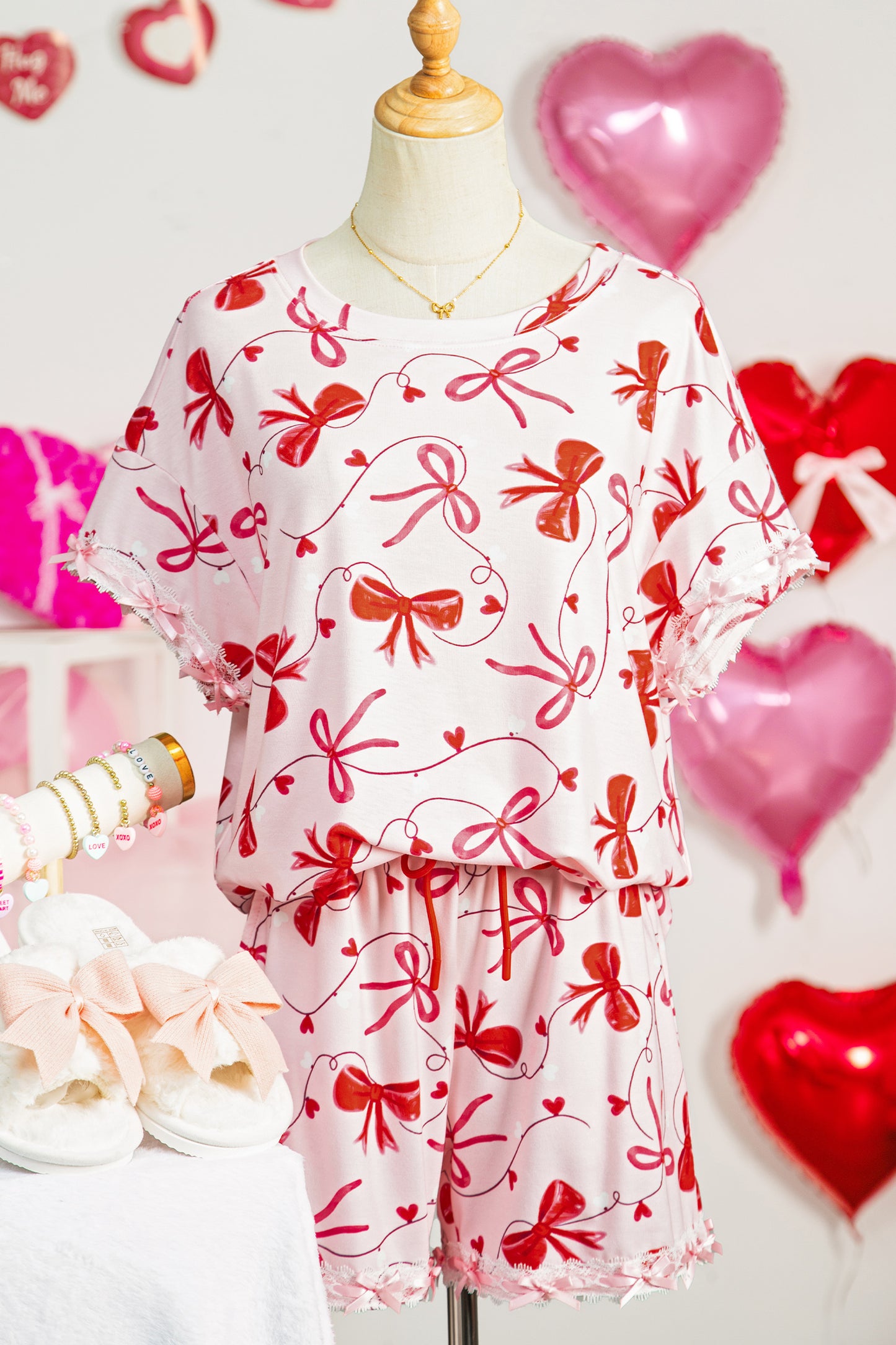 Red Romantic Bow Print Loose Tee Drawstring Shorts 2pcs Lounge Set