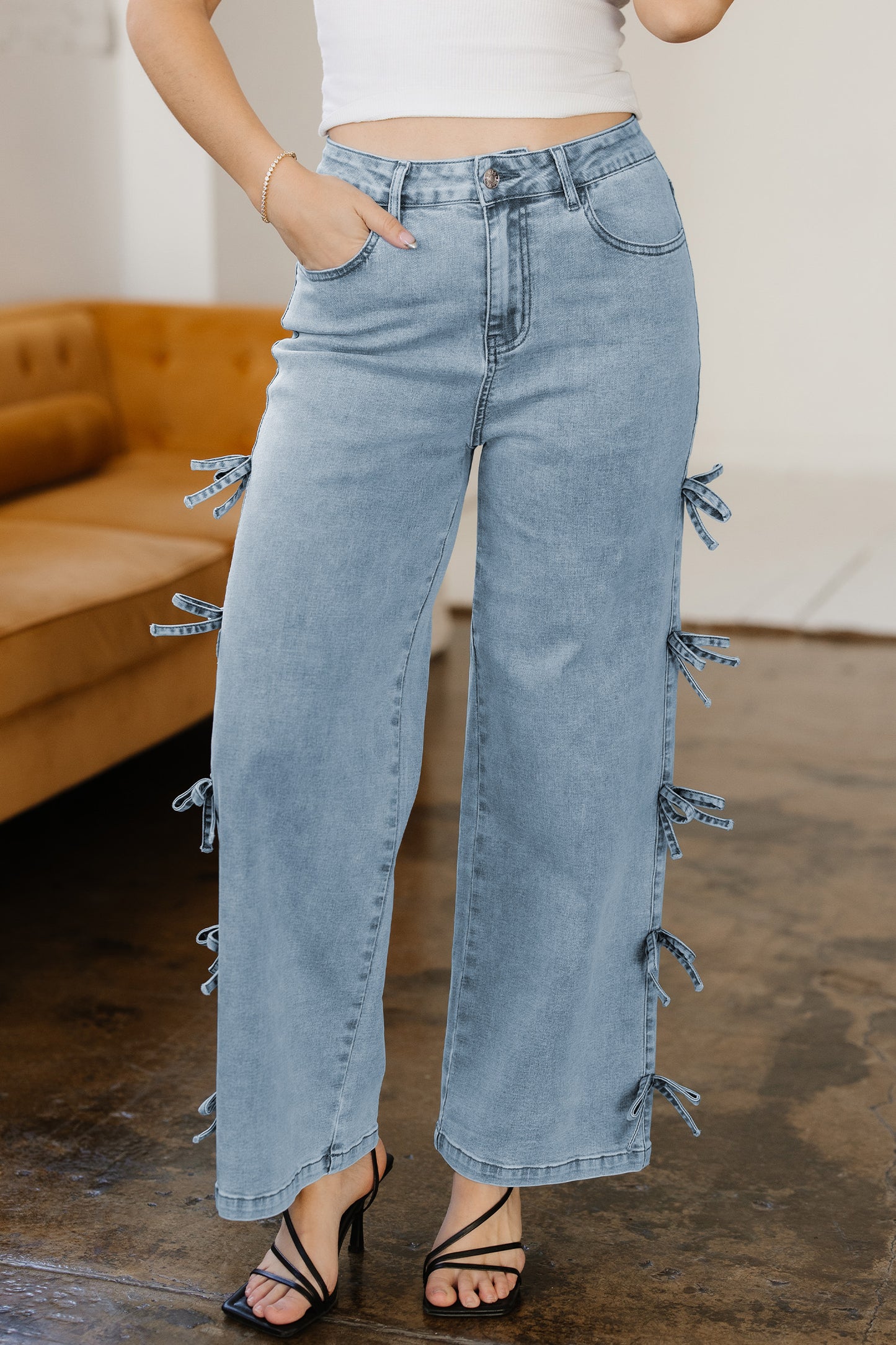 Beau Blue Bow Knot Side Detail Straight Leg Loose Jeans
