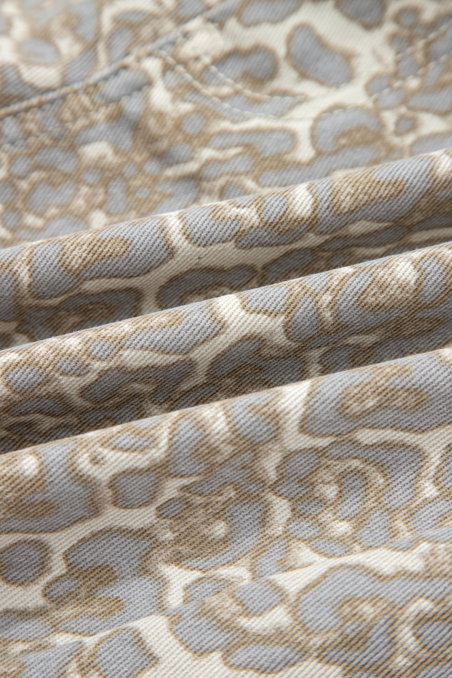 Khaki Raw Edge Leopard Print Denim Shorts