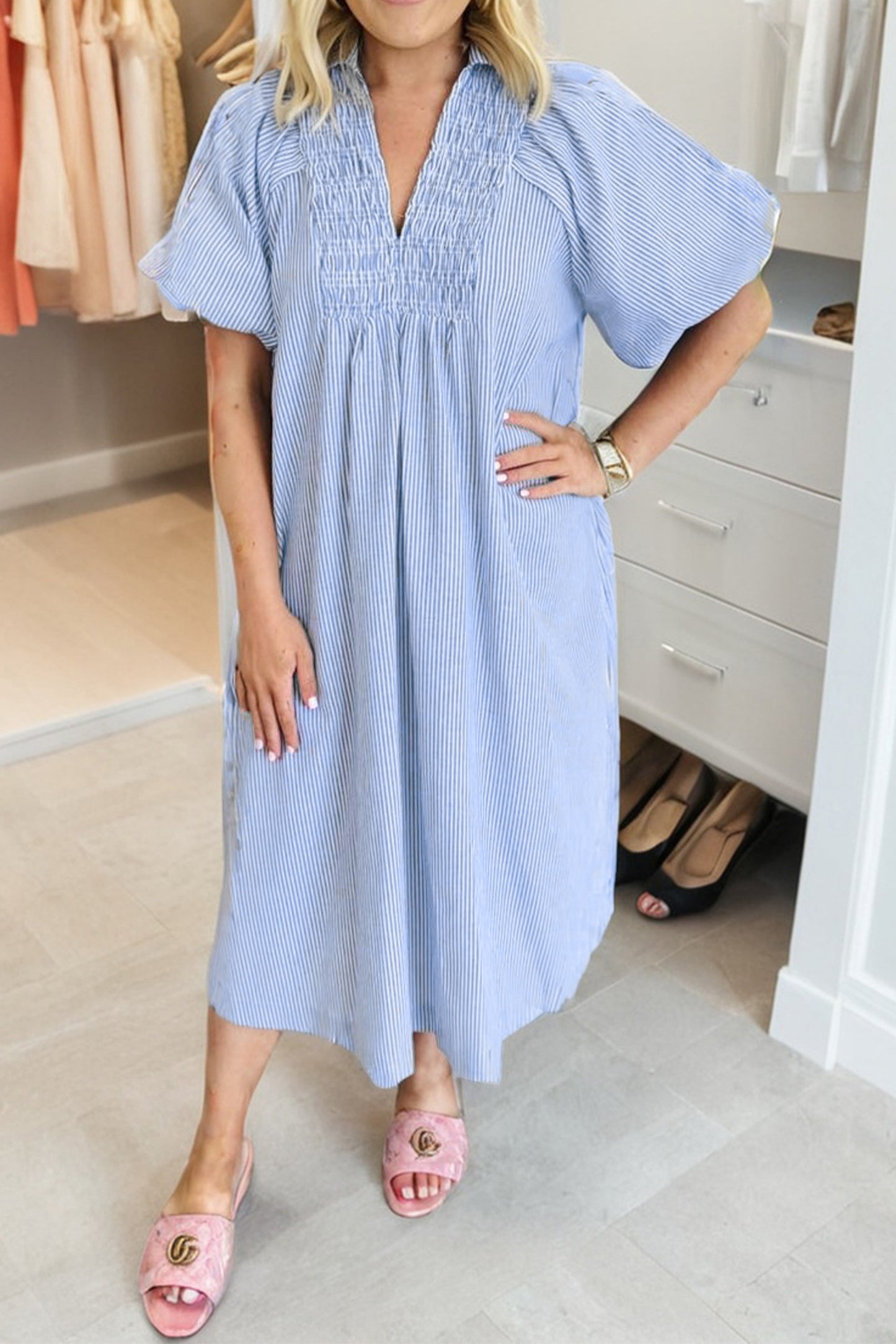 Sky Blue Stripe Shirred Detail Collar V Neck Plus Size Midi Dress