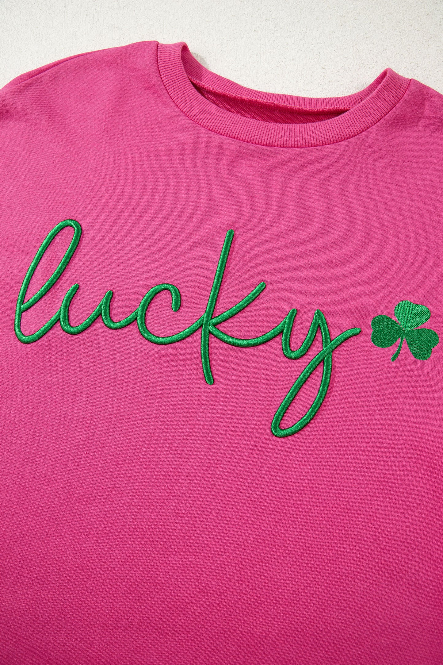 Rose Red Lucky Clover Embroidered Loose Pullover Sweatshirt