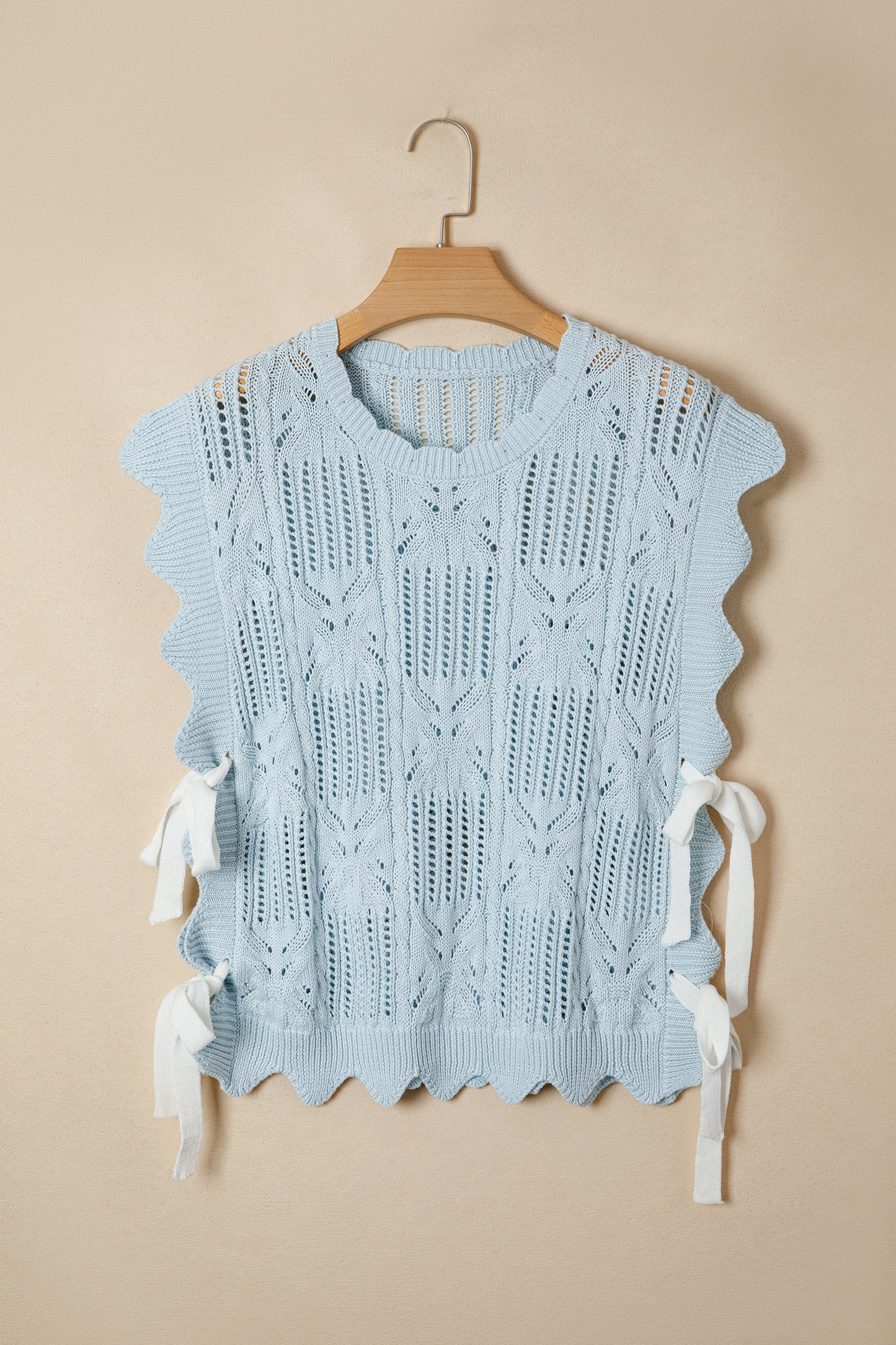 Beau Blue Pointelle Knit Patterned Scalloped Trim Short Sleeve Sweater