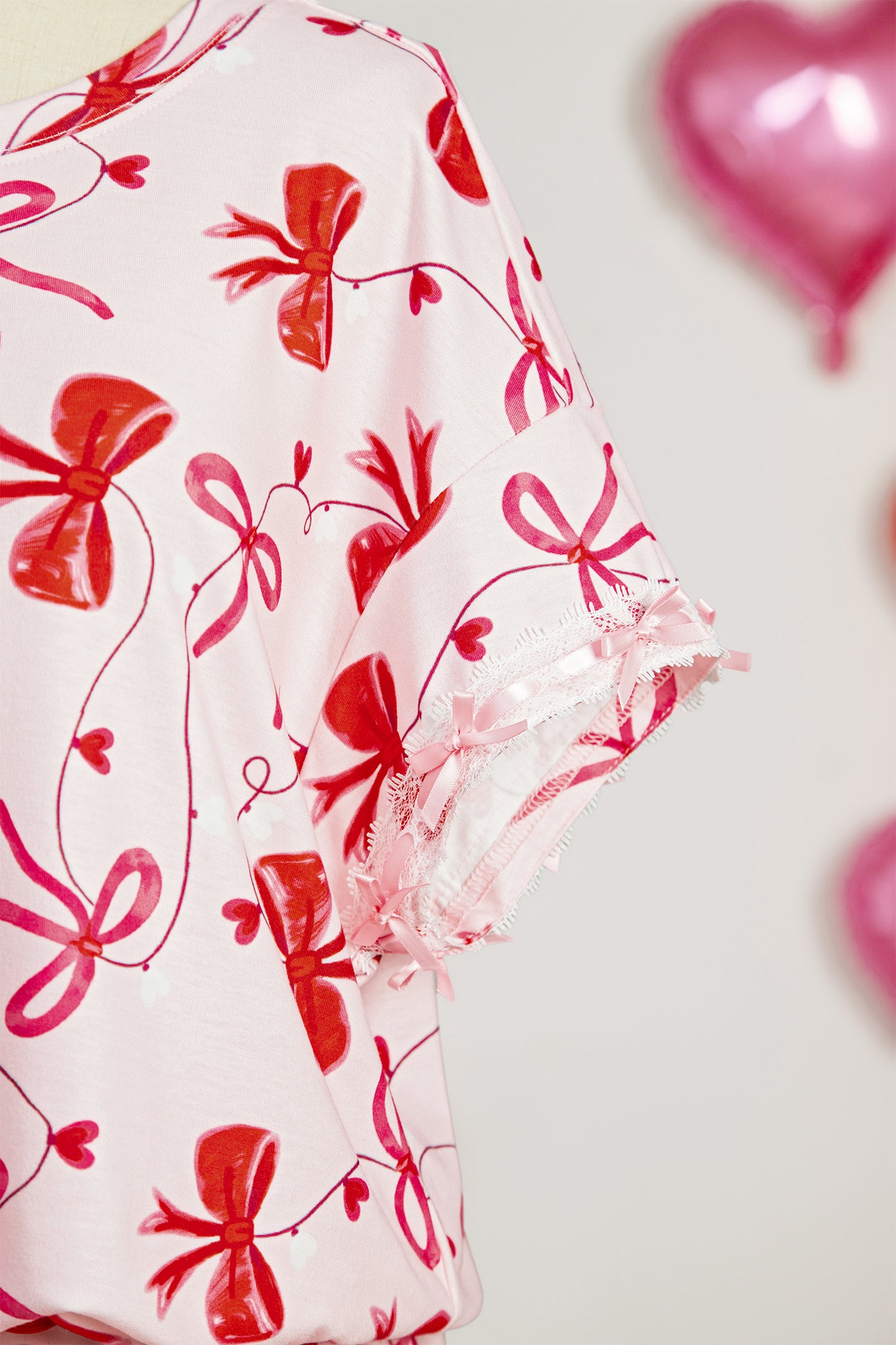 Red Romantic Bow Print Loose Tee Drawstring Shorts 2pcs Lounge Set