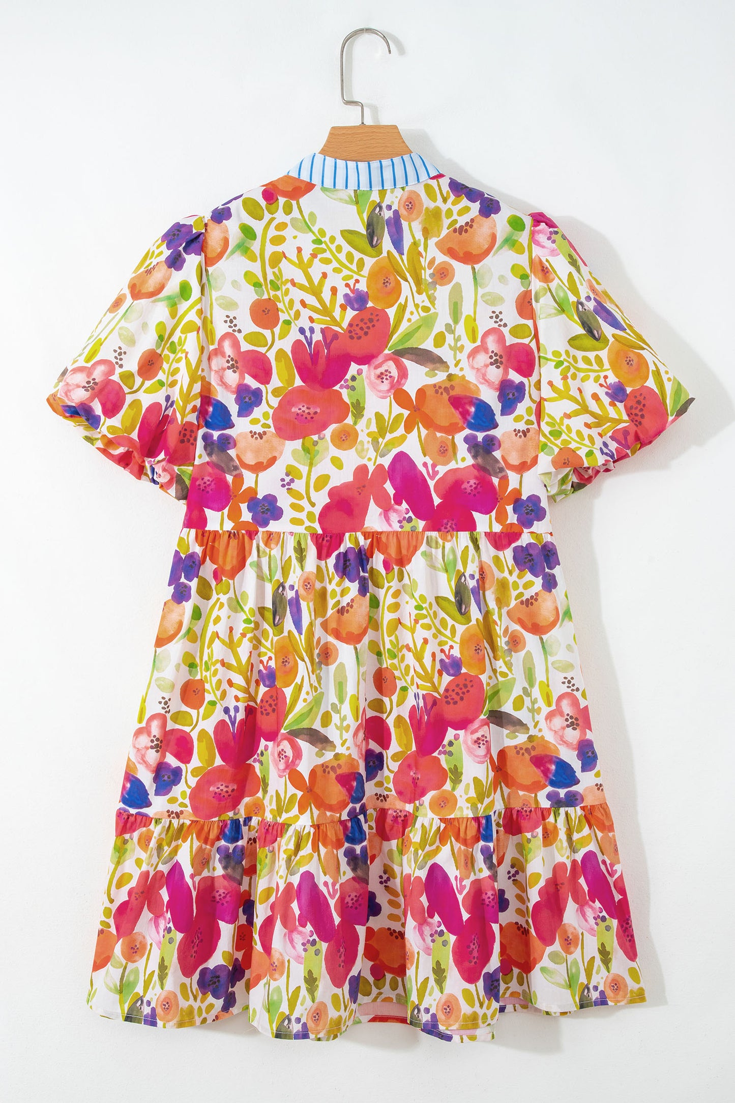 Rose Bright Floral Print Ricrac Trim Striped Patchwork V Neck Dress