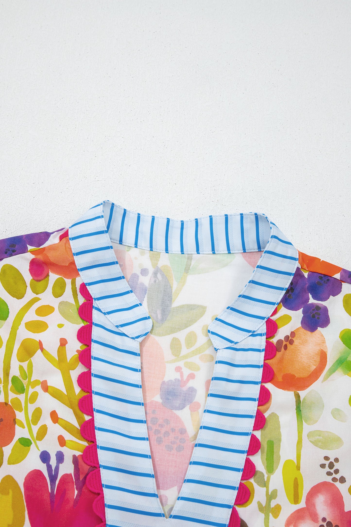 Rose Bright Floral Print Ricrac Trim Striped Patchwork V Neck Dress