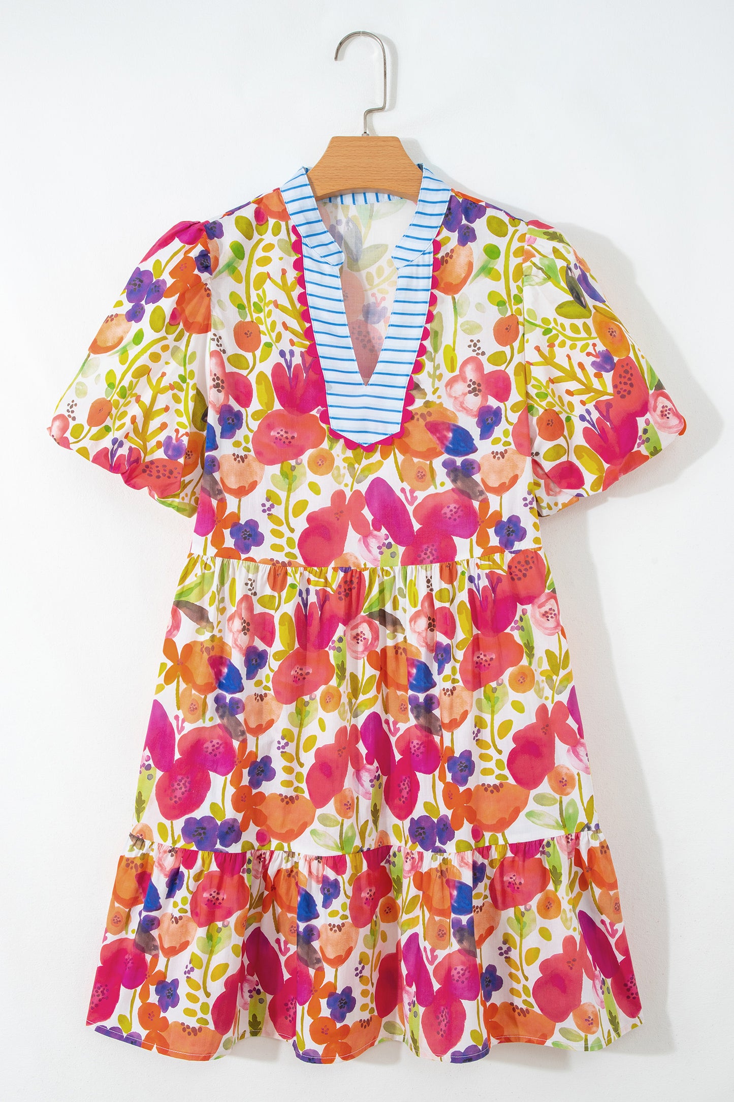 Rose Bright Floral Print Ricrac Trim Striped Patchwork V Neck Dress