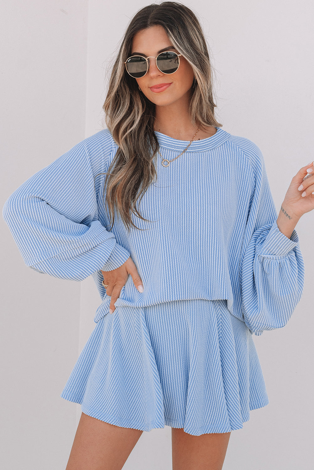 Sky Blue Corded Lantern Sleeve Top High Waist Ruffled Mini Skort Set