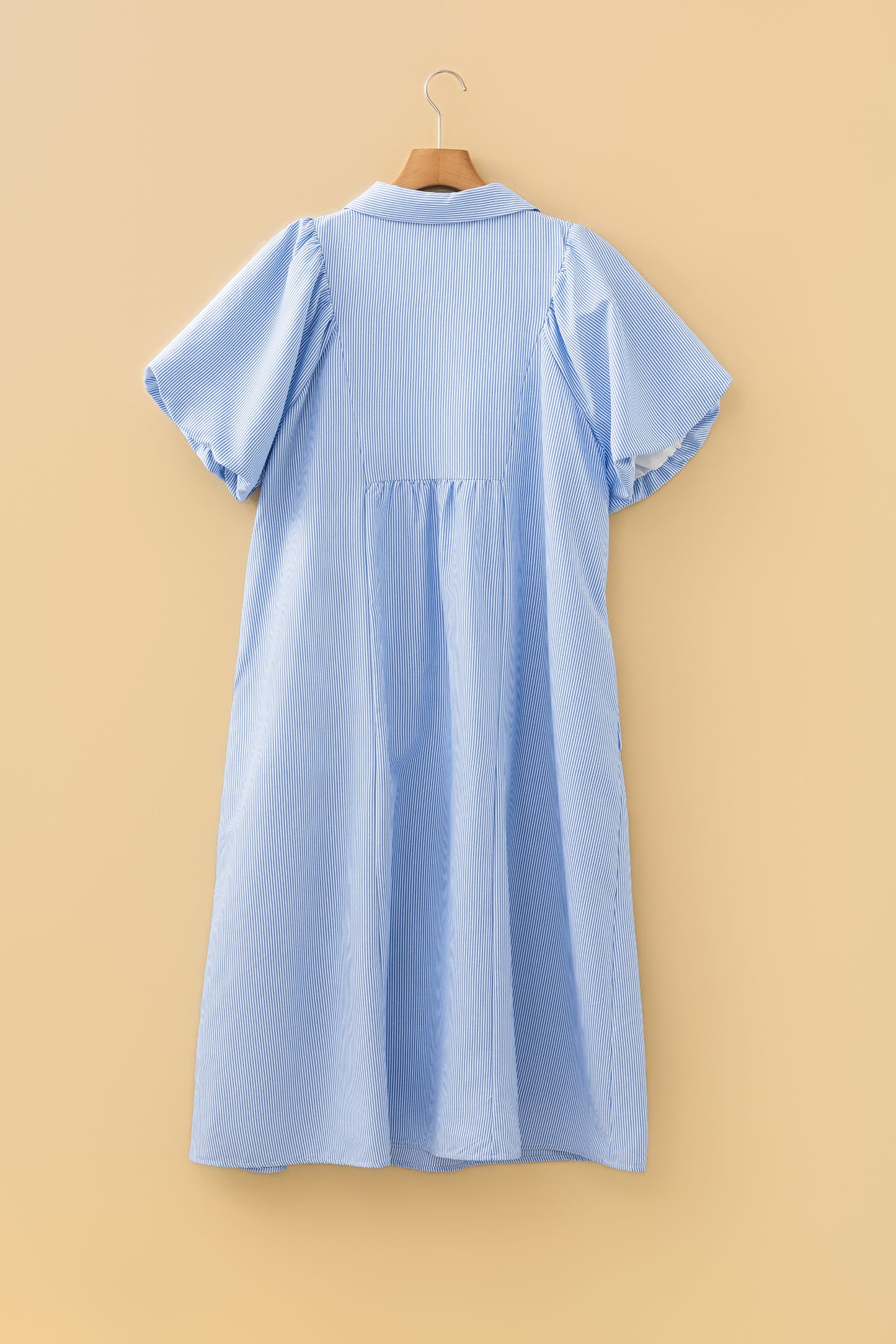 Sky Blue Stripe Shirred Detail Collar V Neck Plus Size Midi Dress